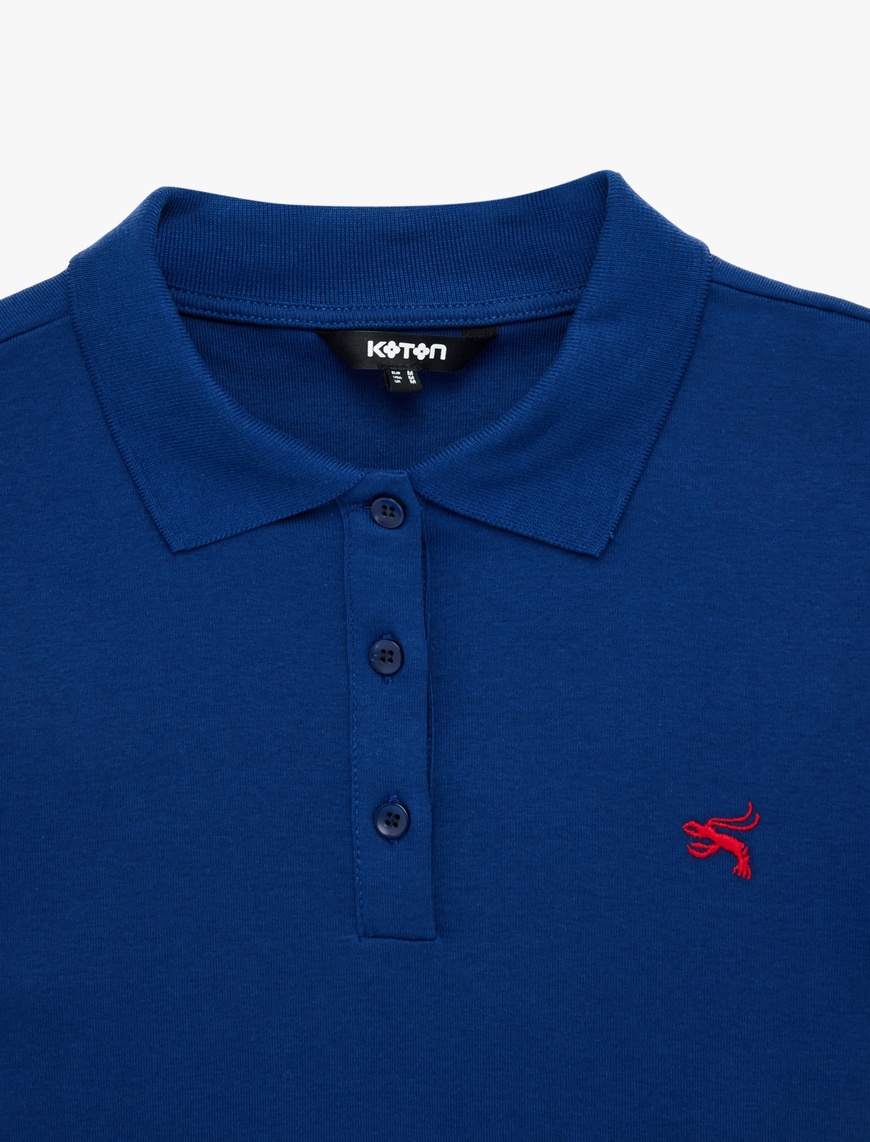 Slim Fit Pamuklu Nakış Detaylı Kısa Kollu Düğmeli Polo Yaka Tişört — фото 6