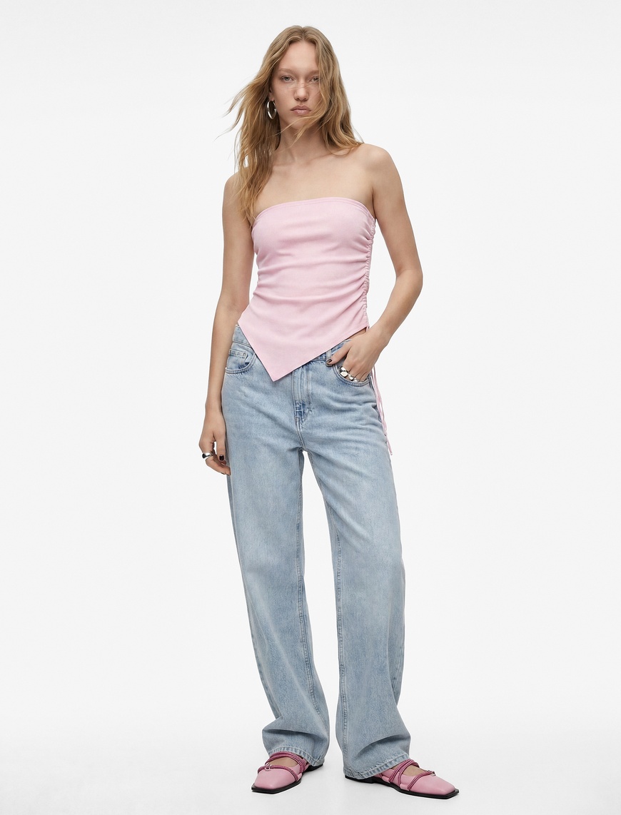 Straplez Kolsuz Slim Fit Büzgülü Asimetrik Bluz — фото 2