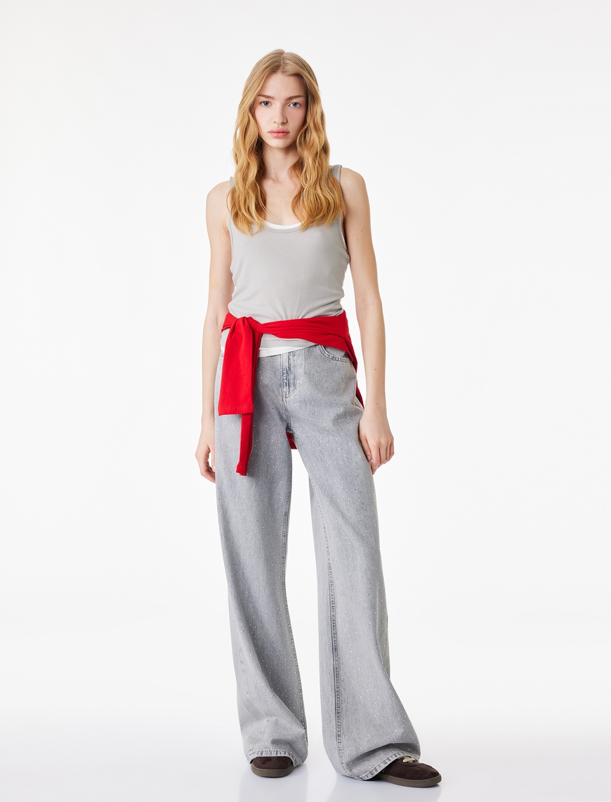 Normal Bel Taş Detaylı Pamuklu Geniş Paça Denim Pantolon - Wide Leg Jean — фото 2