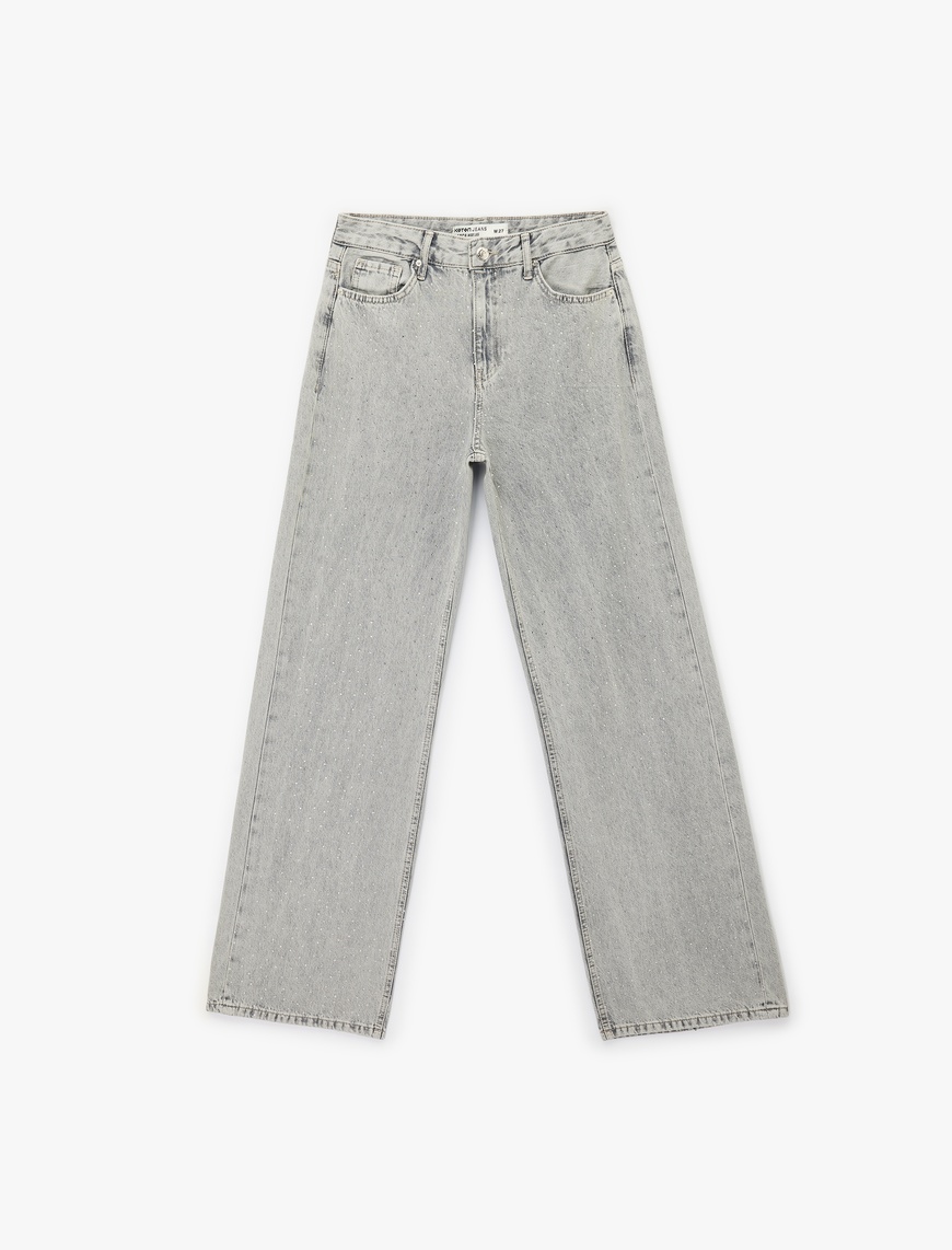 Normal Bel Taş Detaylı Pamuklu Geniş Paça Denim Pantolon - Wide Leg Jean — фото 4