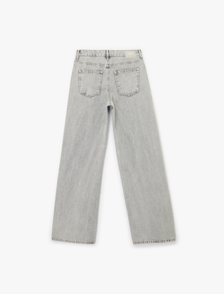 Normal Bel Taş Detaylı Pamuklu Geniş Paça Denim Pantolon - Wide Leg Jean — фото 5