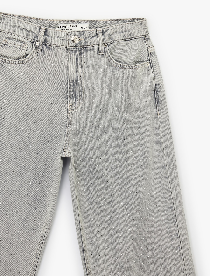 Normal Bel Taş Detaylı Pamuklu Geniş Paça Denim Pantolon - Wide Leg Jean — фото 6