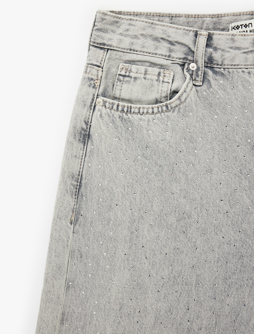 Normal Bel Taş Detaylı Pamuklu Geniş Paça Denim Pantolon - Wide Leg Jean — фото 7