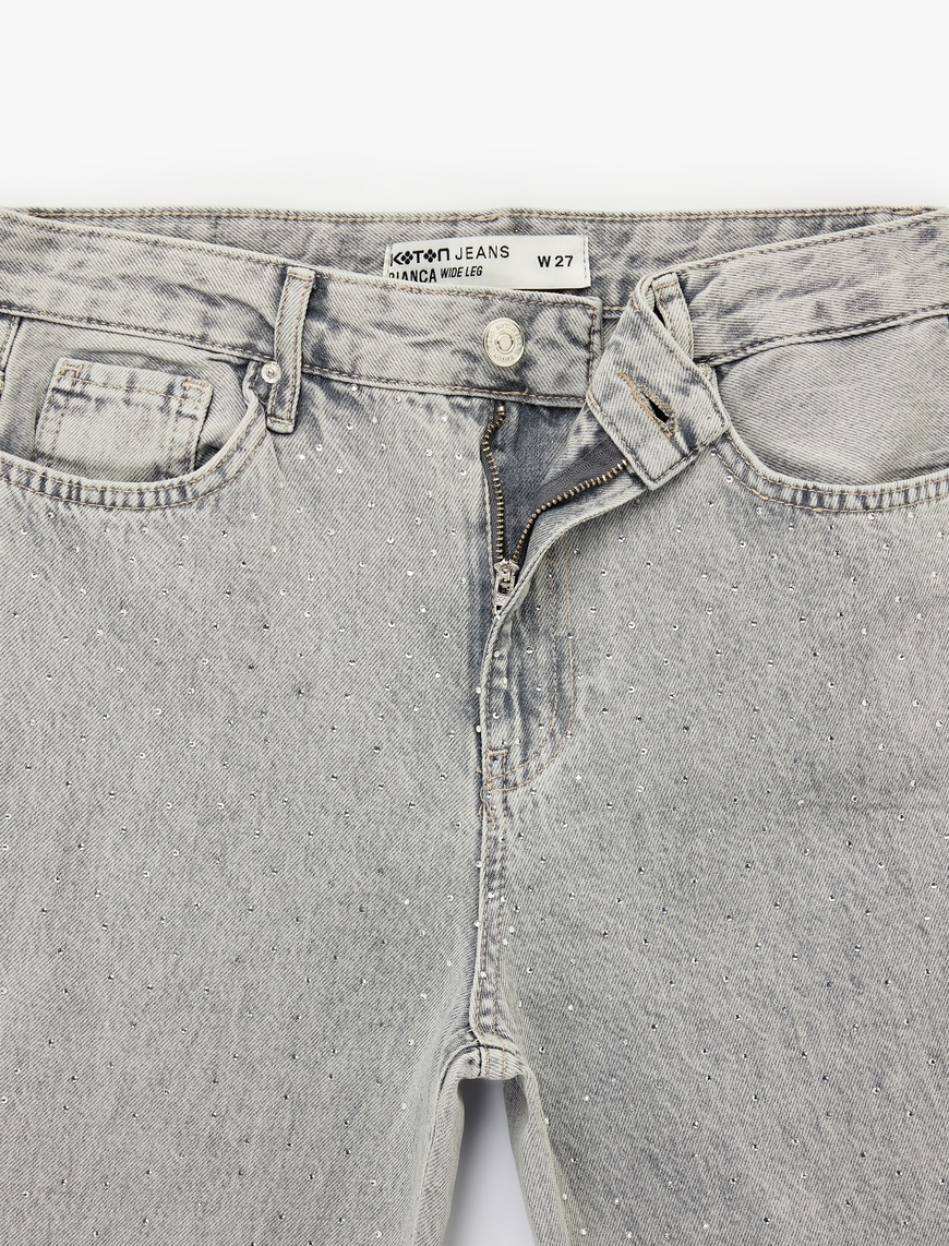 Normal Bel Taş Detaylı Pamuklu Geniş Paça Denim Pantolon - Wide Leg Jean — фото 8