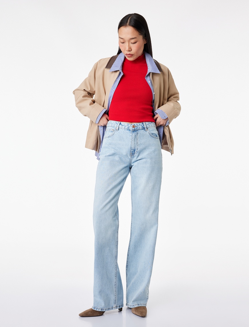 Yüksek Bel Düz Paça Cepli Pamuklu Denim Pantolon - Straight Fit Jeans — фото 2