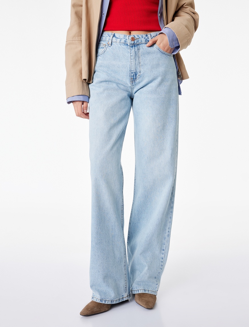 Yüksek Bel Düz Paça Cepli Pamuklu Denim Pantolon - Straight Fit Jeans — фото 3