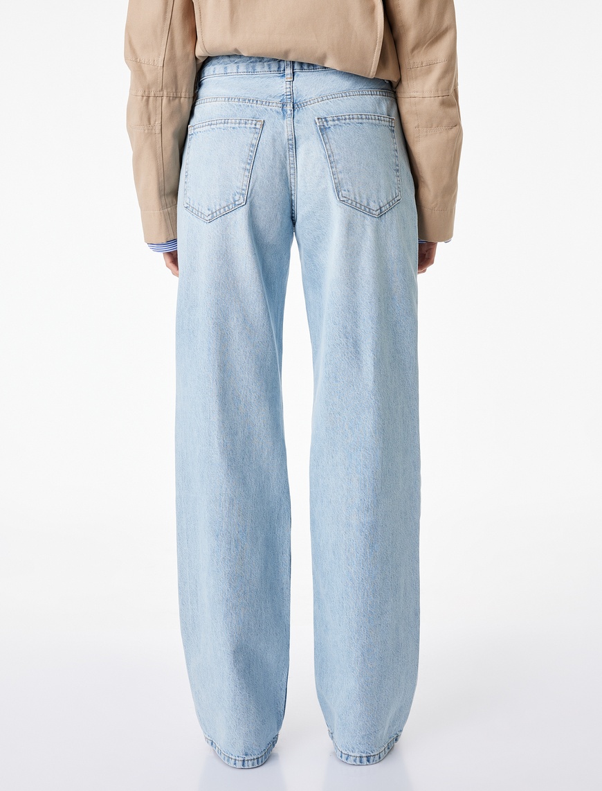 Yüksek Bel Düz Paça Cepli Pamuklu Denim Pantolon - Straight Fit Jeans — фото 4
