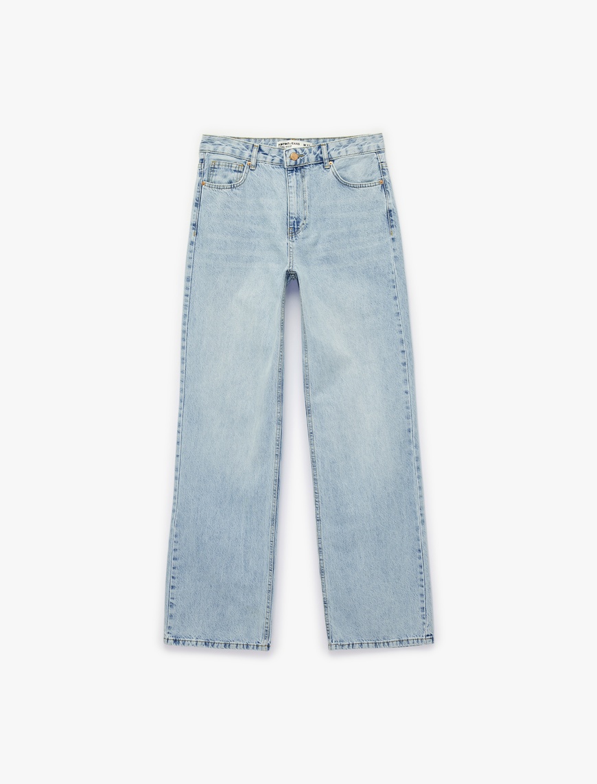 Yüksek Bel Düz Paça Cepli Pamuklu Denim Pantolon - Straight Fit Jeans — фото 5