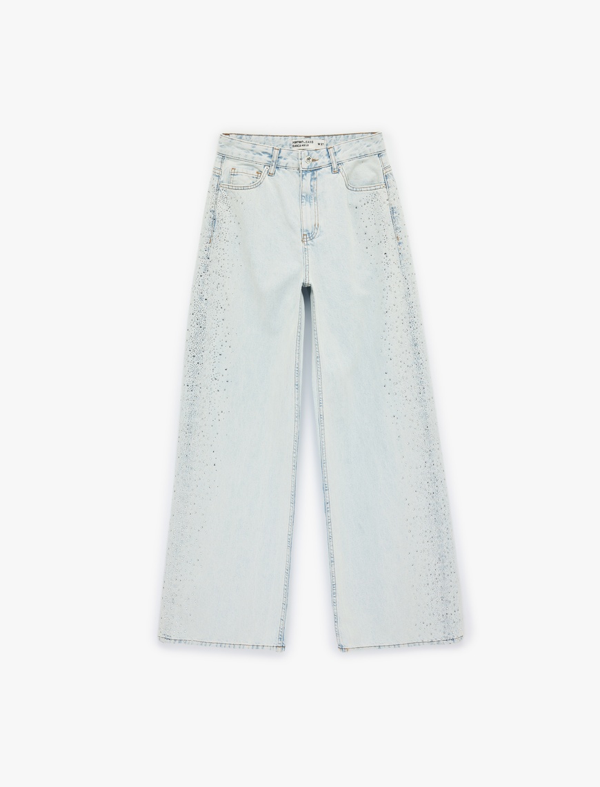 Pamuklu Düğmeli Cepli Geniş Paça Taşlı Denim Pantolon -  Wide Leg Jeans — фото 2