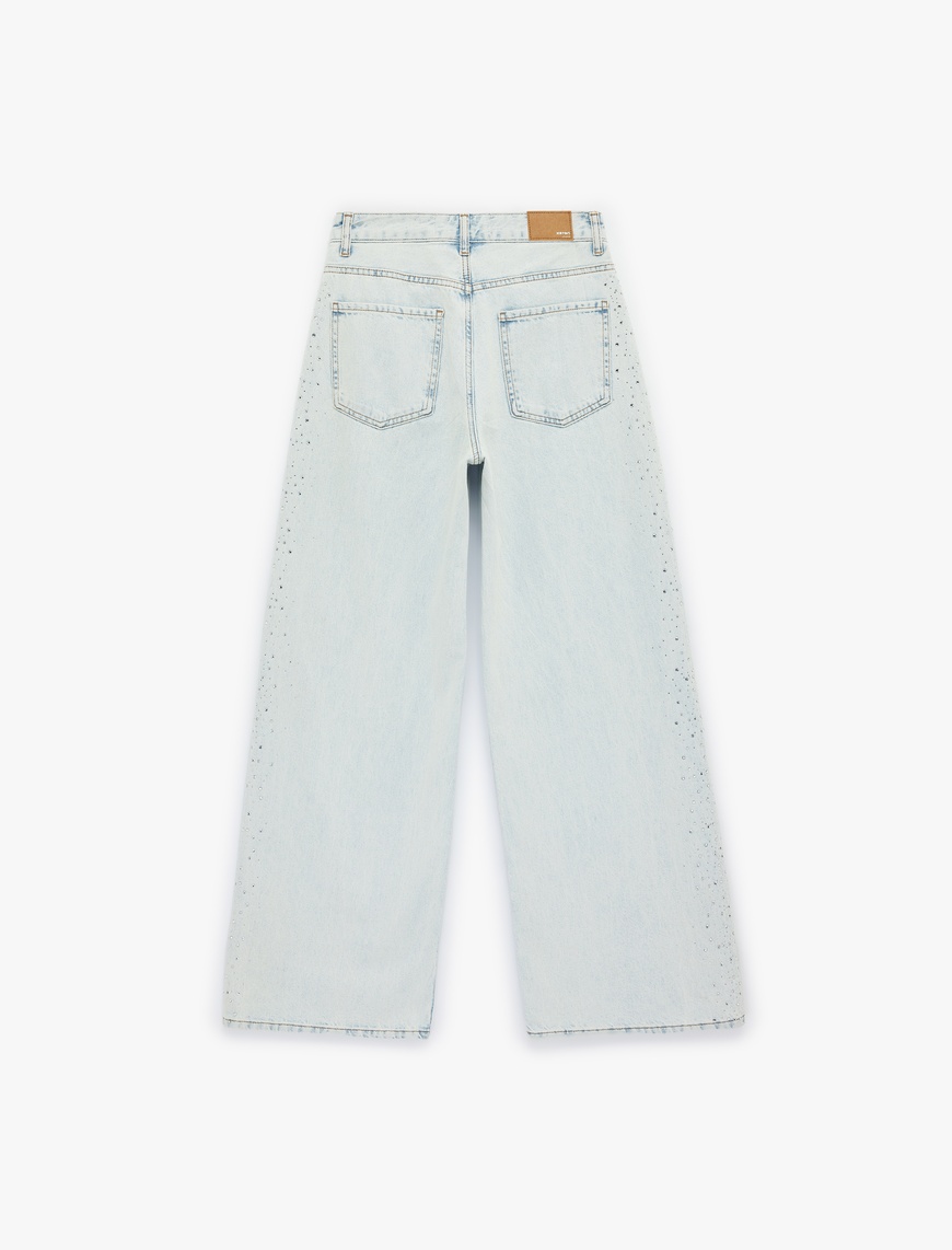 Pamuklu Düğmeli Cepli Geniş Paça Taşlı Denim Pantolon -  Wide Leg Jeans — фото 3