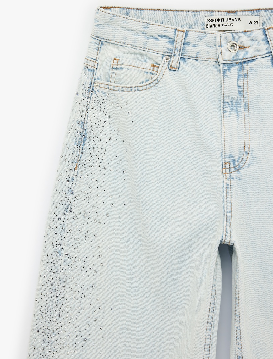Pamuklu Düğmeli Cepli Geniş Paça Taşlı Denim Pantolon -  Wide Leg Jeans — фото 4