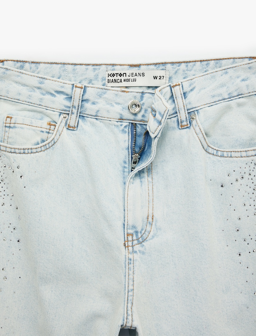 Pamuklu Düğmeli Cepli Geniş Paça Taşlı Denim Pantolon -  Wide Leg Jeans — фото 5