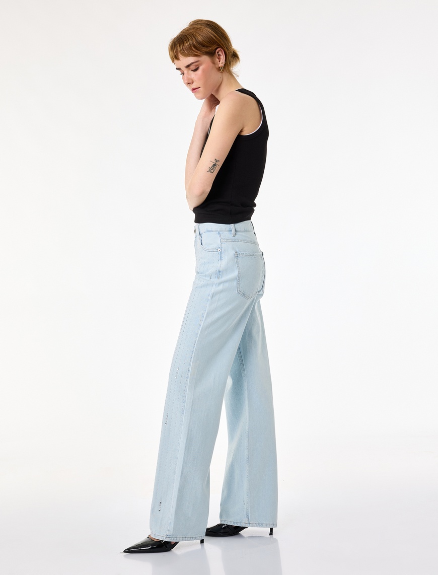 Uzun Düz Paça Normal Bel Cepli Düğmeli Taşlı Denim Pantolon - Longer Straight Fit Jean — фото 2