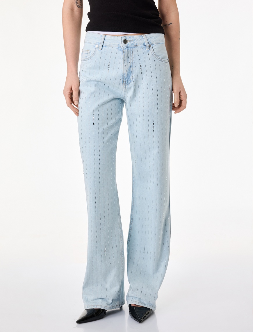 Uzun Düz Paça Normal Bel Cepli Düğmeli Taşlı Denim Pantolon - Longer Straight Fit Jean — фото 3