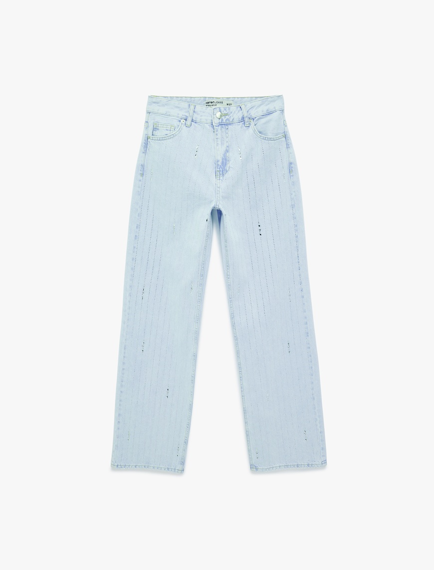 Uzun Düz Paça Normal Bel Cepli Düğmeli Taşlı Denim Pantolon - Longer Straight Fit Jean — фото 5